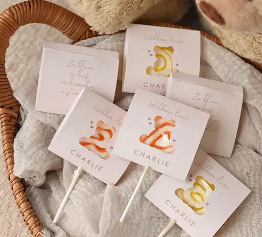 Doopsuiker lollyhoesje beige velvet-look met beertje | 3 stuks