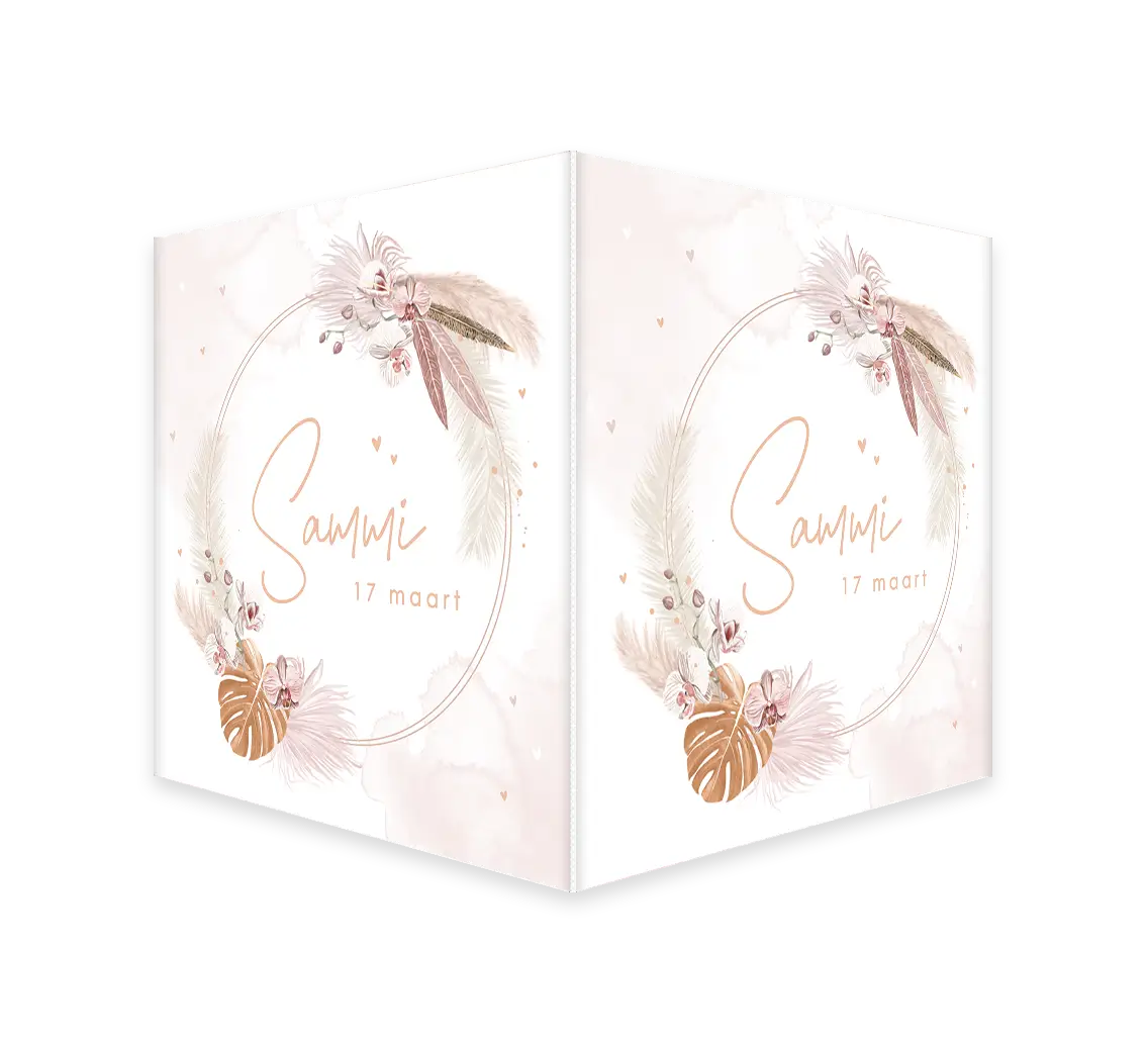 Dubbel roze raambord met bloemenkrans en hartjes op waterverf