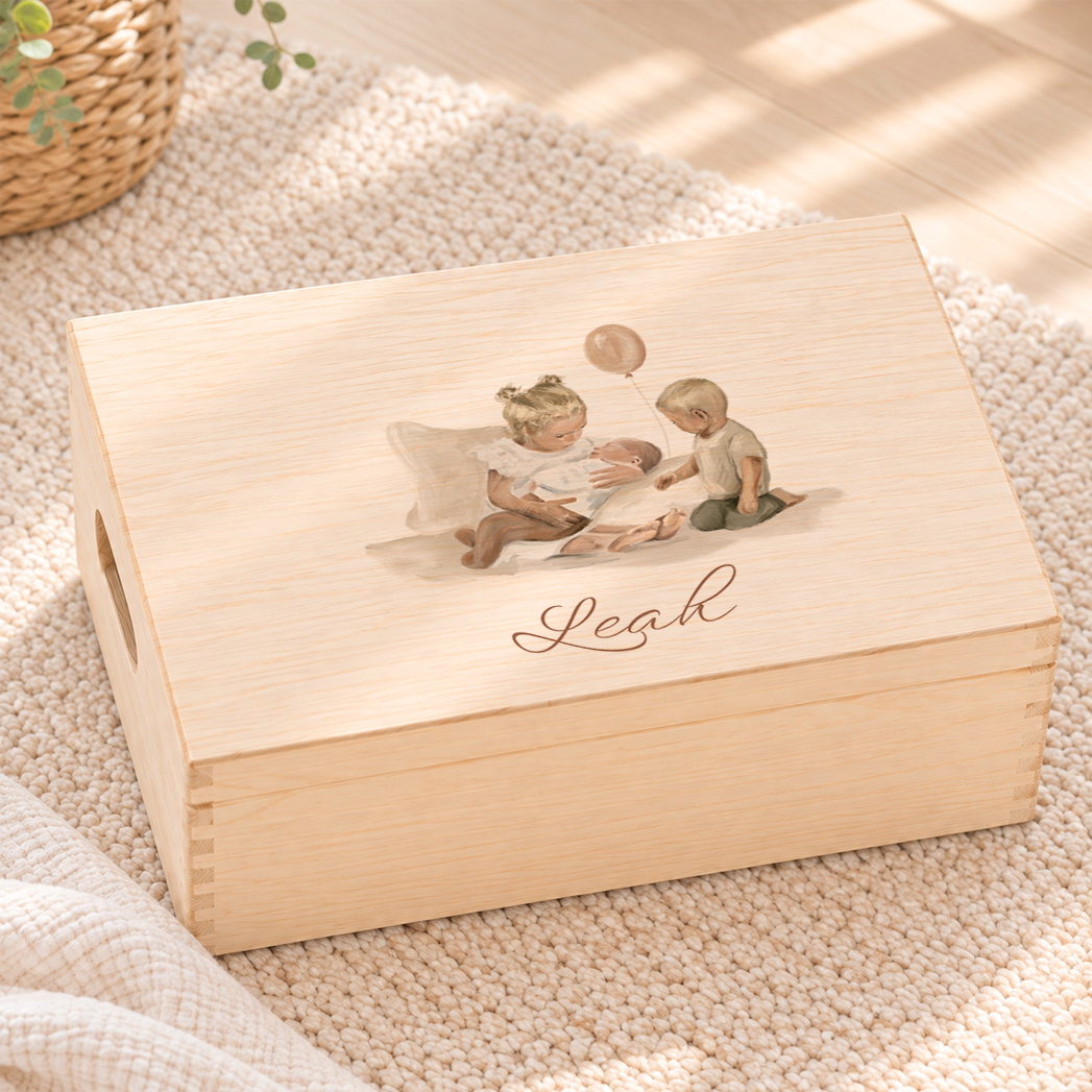 Lieve memorybox met een geverfd gezin voor een derde kindje