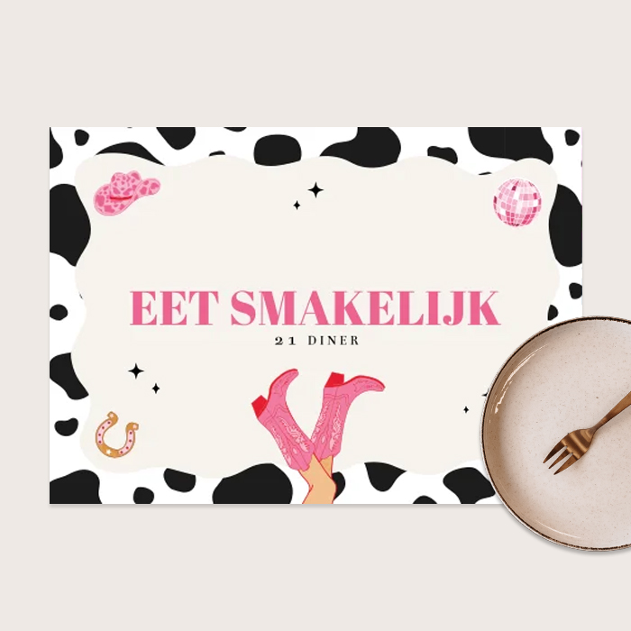Grappige placemat voor 21 diner in cowgirl stijl