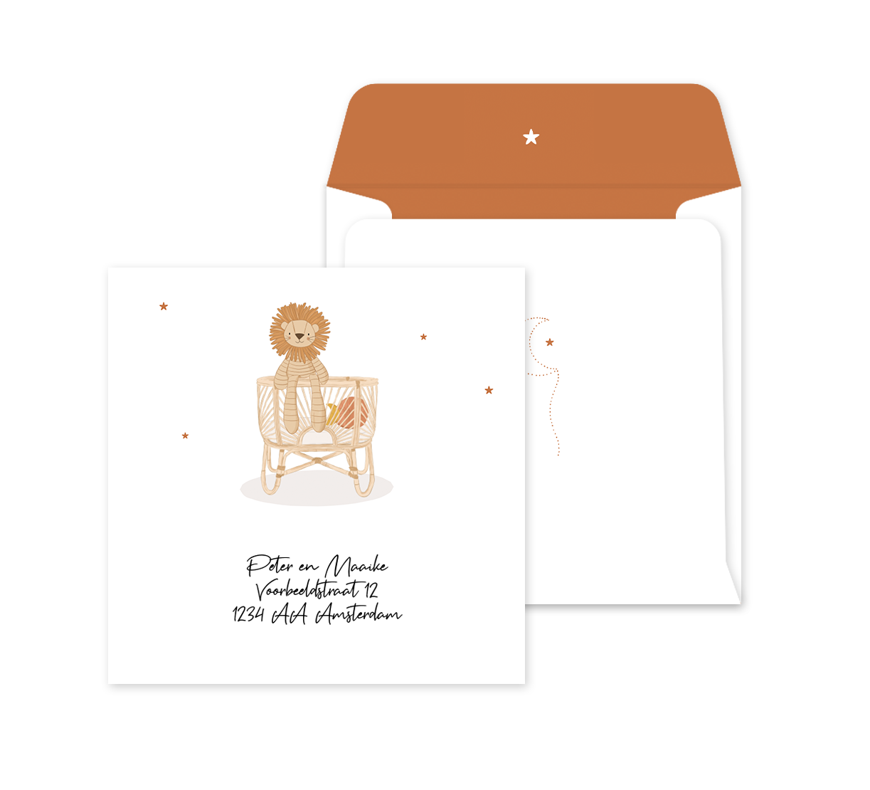Lieve envelop op maat met getekend leeuwtje en sterren
