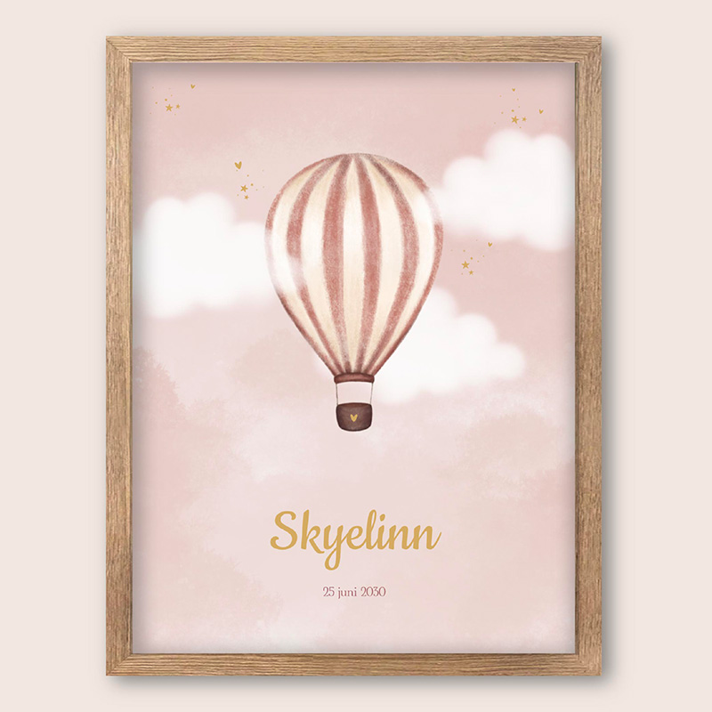 Poster luchtballon in zachte roze tinten met naam