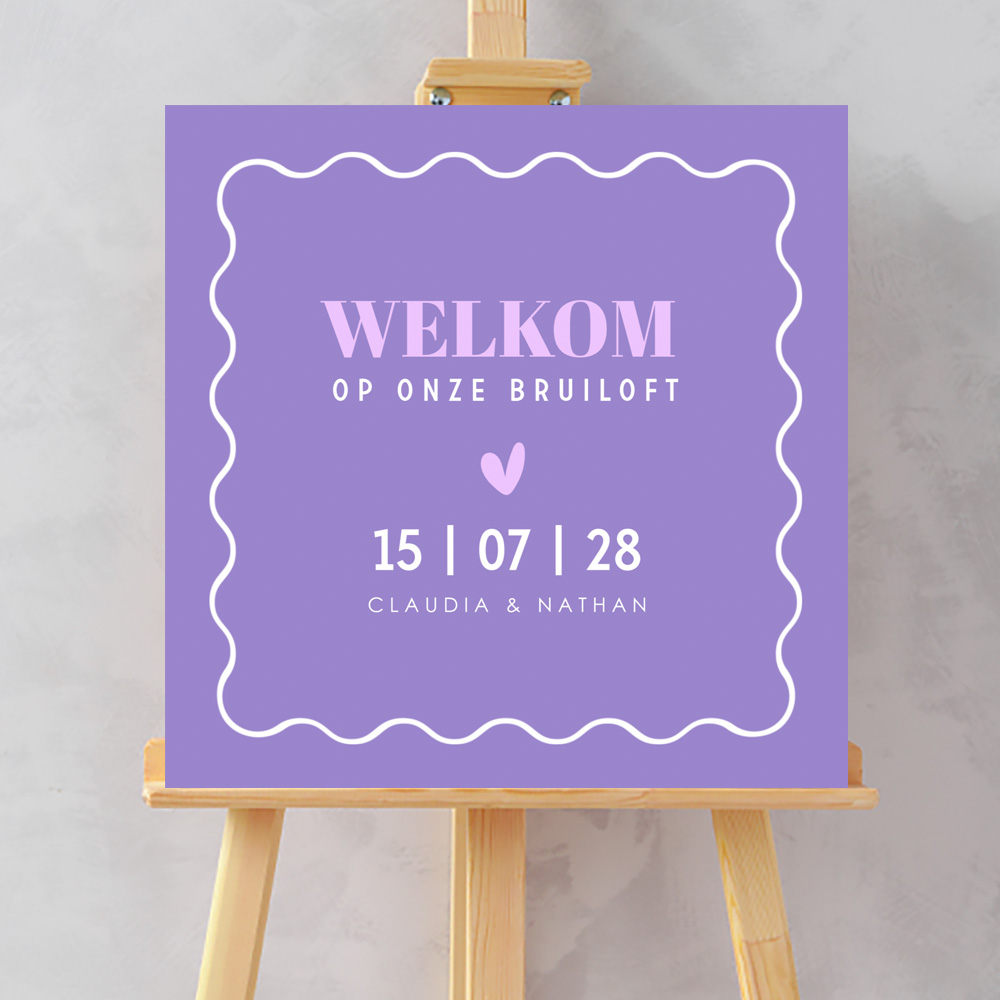 Bruiloftsbord paars modern typografie
