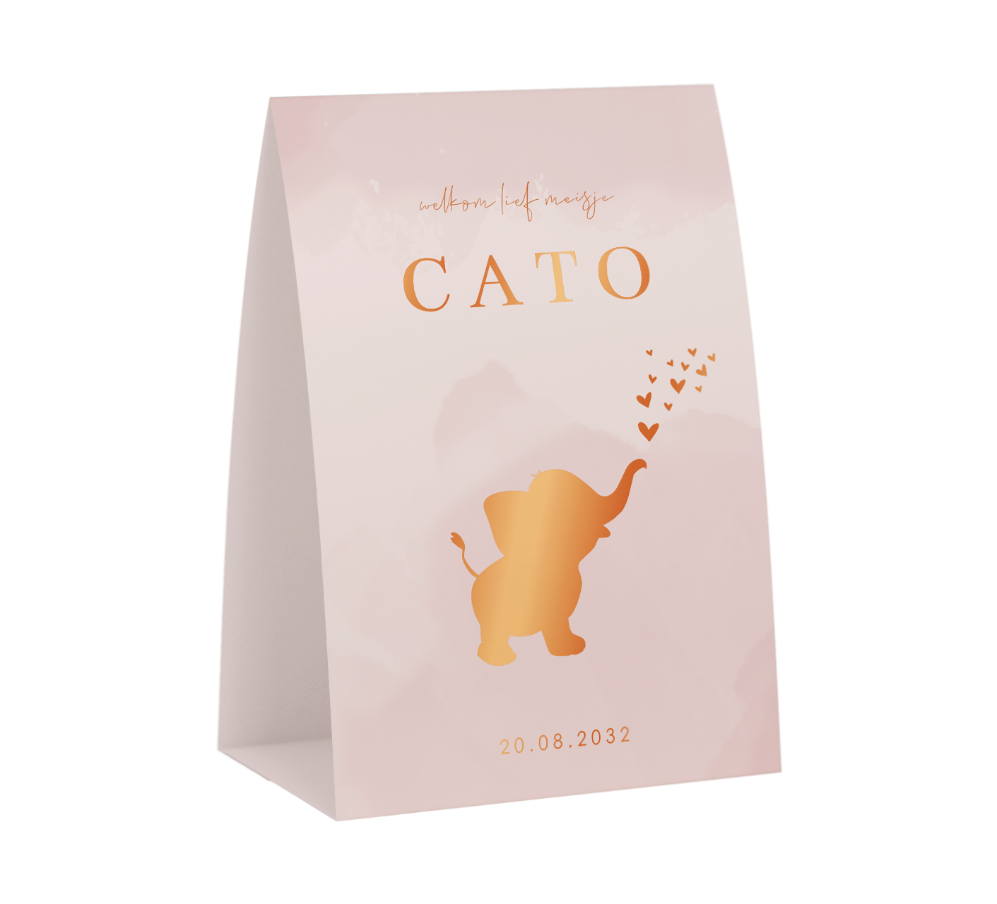 Rosegoudfolie geboortekaartje meisje met olifantje in tentvorm