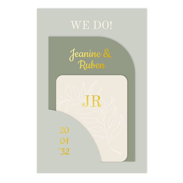 Originele trouwkaart met goudfolie en groen