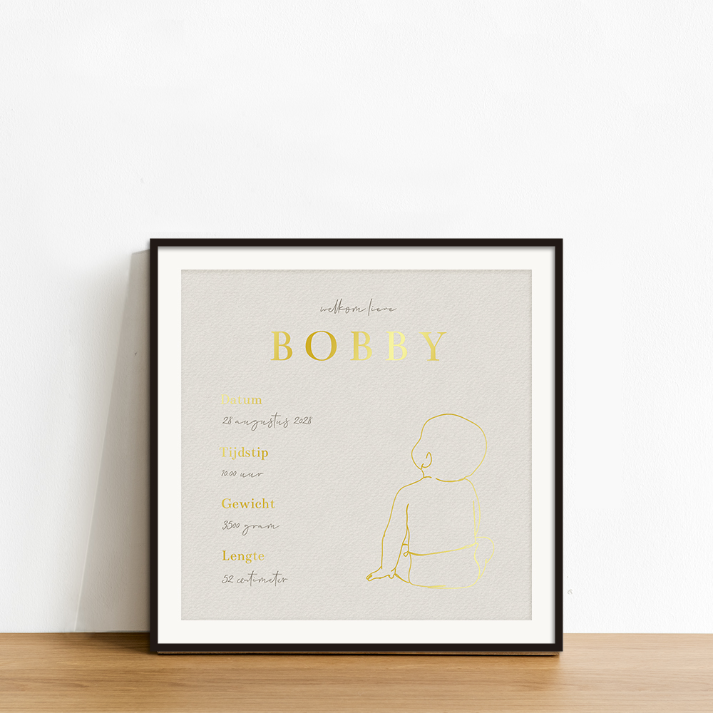 Goudfolie geboorteposter met lijntekening baby