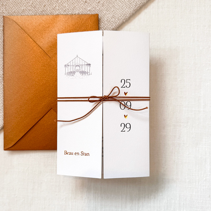 Trouwkaart theatervouw tekening trouwlocatie kas – Greenhouse Romance