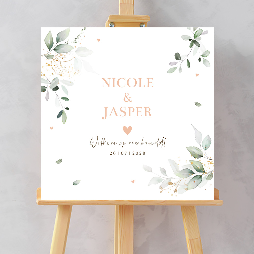 Bruiloftsbord botanisch groen bladeren watercolour welkom