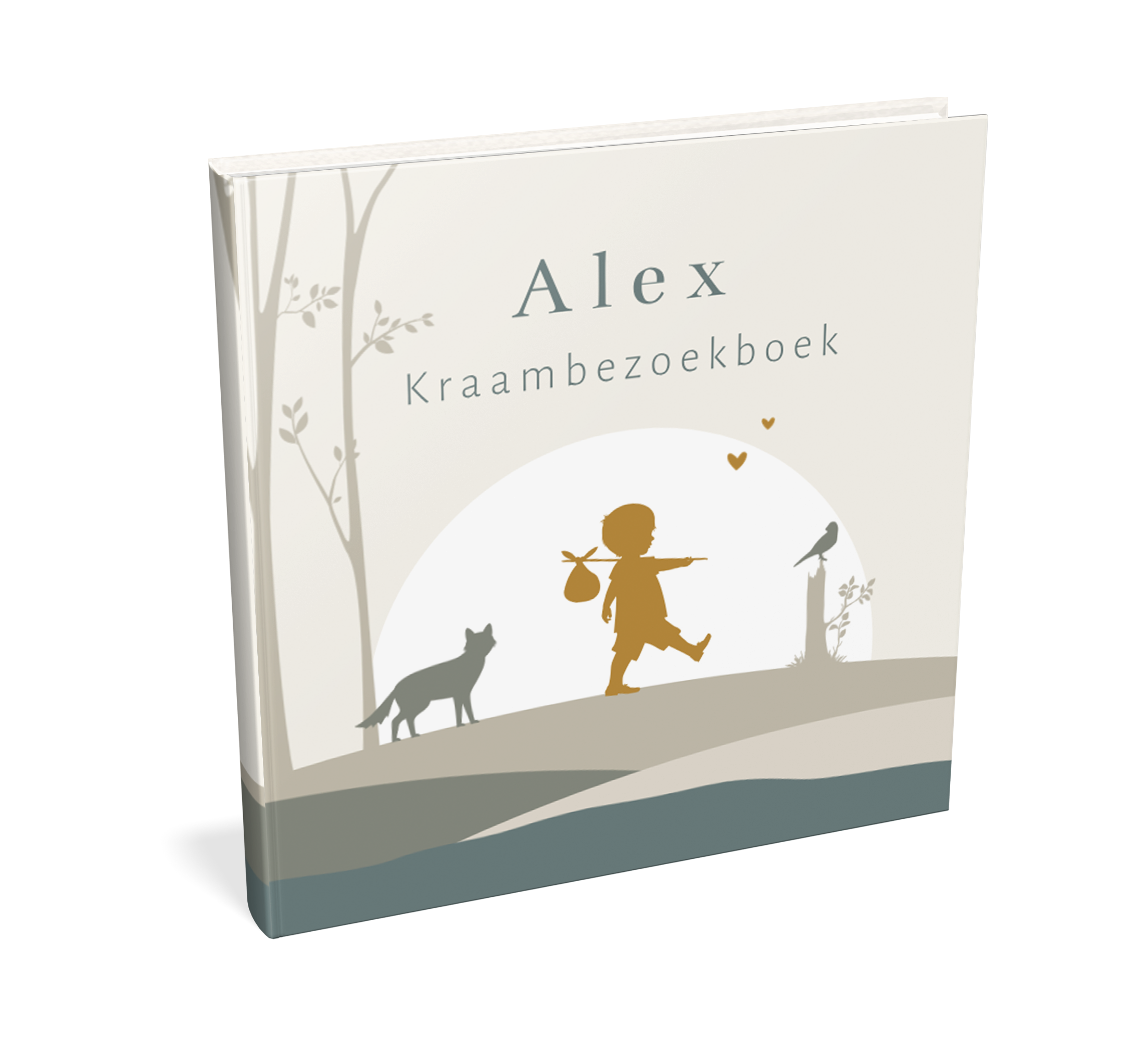 Stoer kraambezoekboek met het silhouet van een jongetje met knapzak