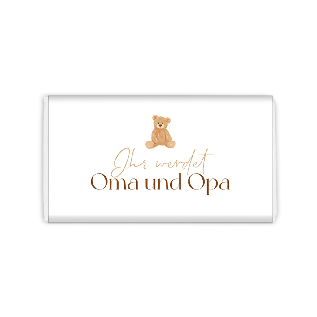 Schwangerschafts verkünden auf Schokoladenverpackung mit Bär für Oma und Opa