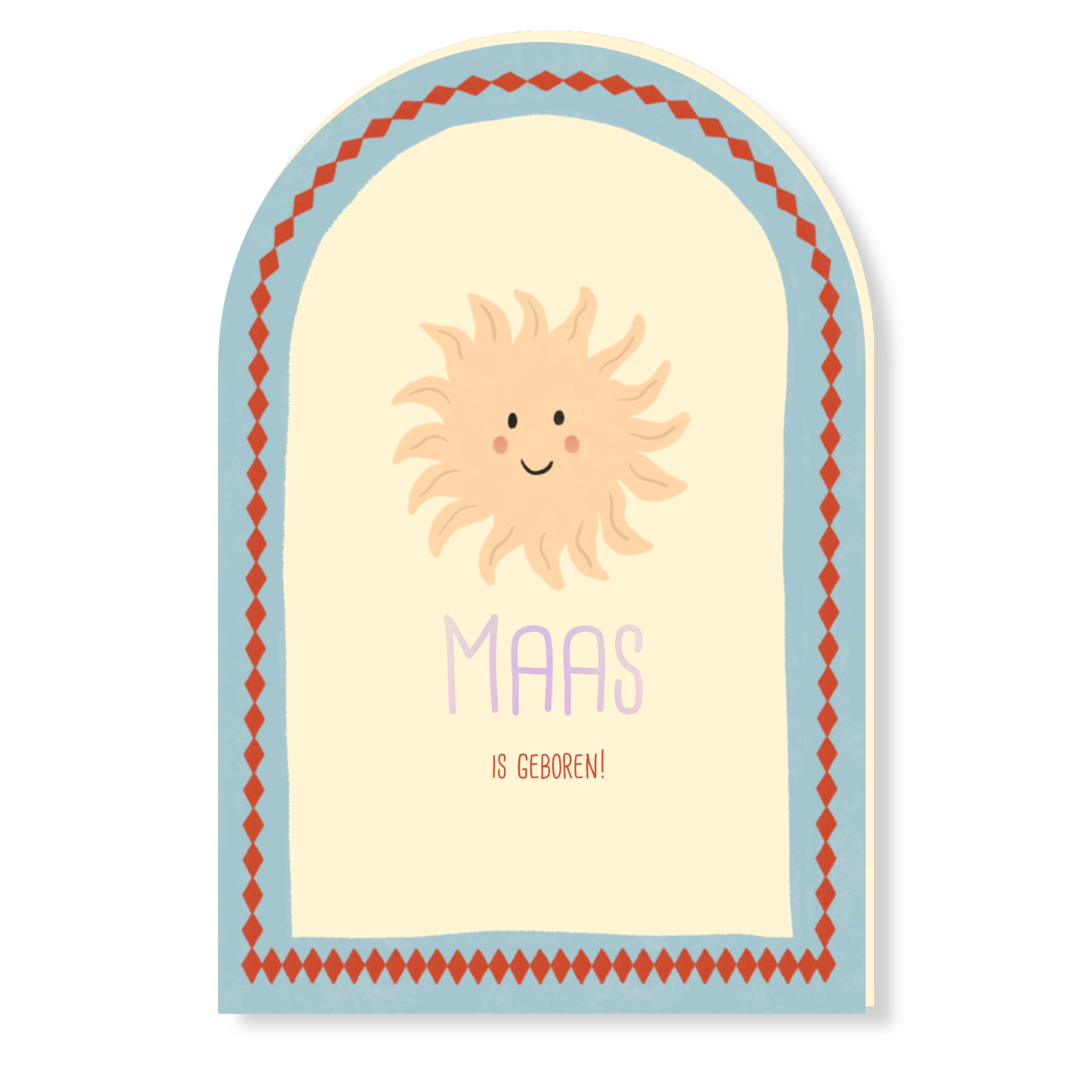 Geboortekaartje Halve boog dubbel zonnetje ruitjes blauw roos Maas