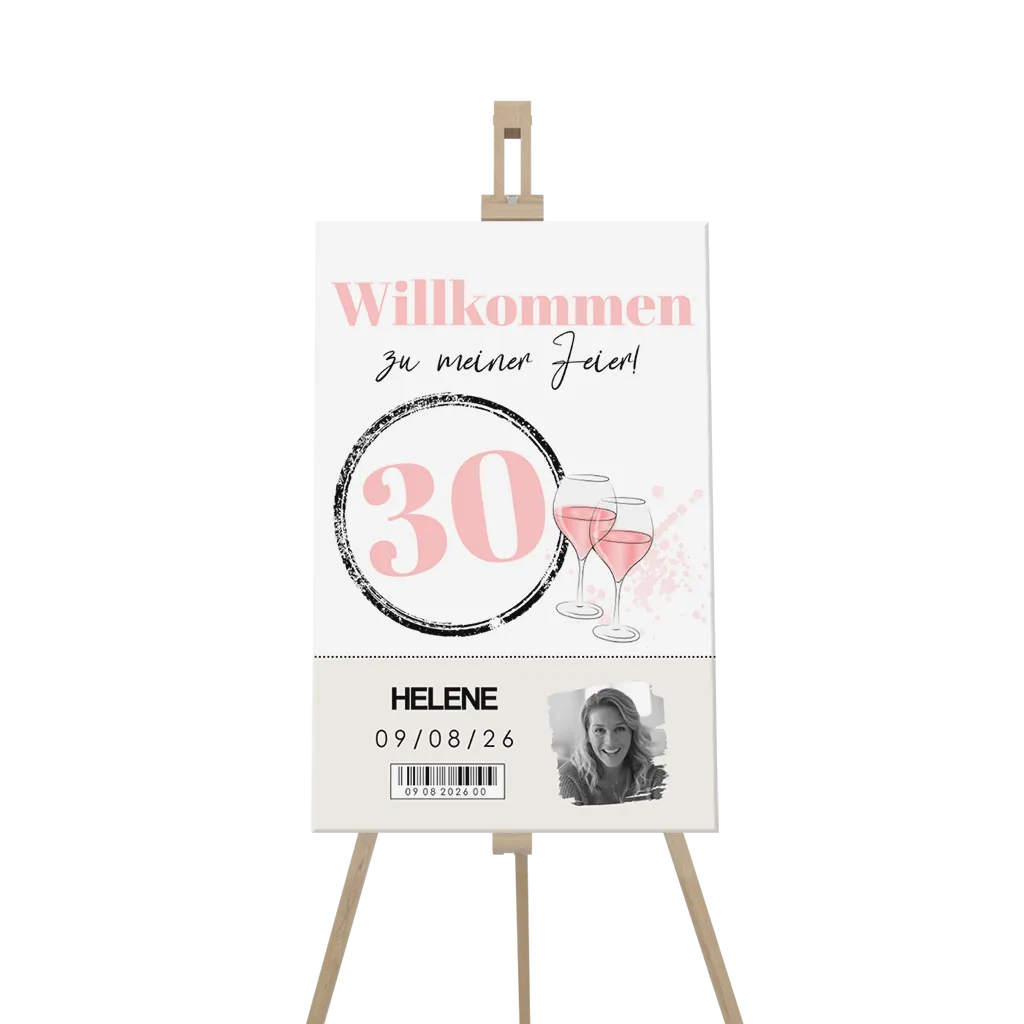 Willkommensschild 30 Jahre mit rosa und Foto