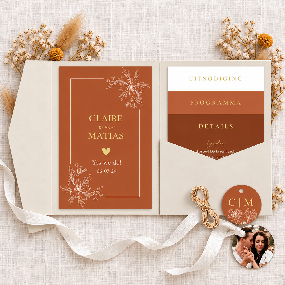 Pocketfold set trouwkaart bloemen roestbruin goudfolie
