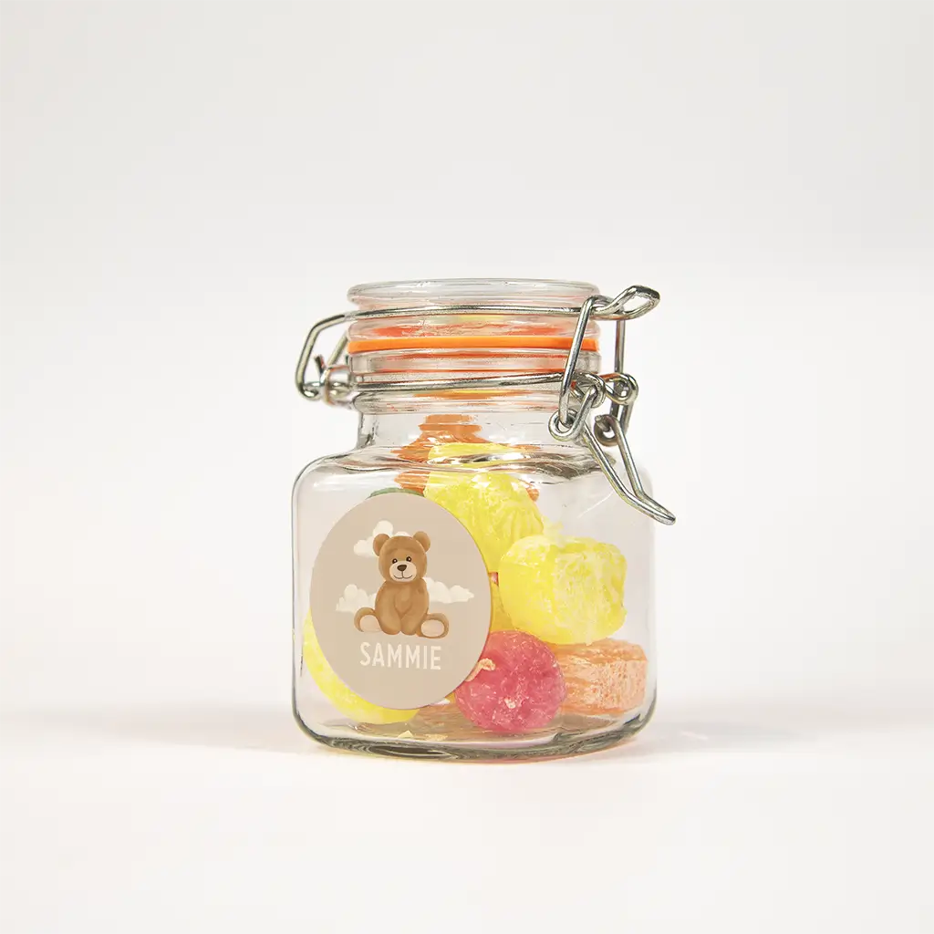 Naamsticker beige met teddybeer en wolkjes - per 25 stuks