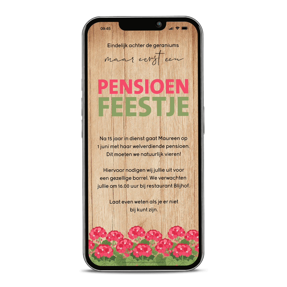 Digitale pensioen uitnodiging feestje achter de geraniums