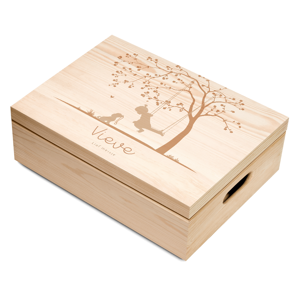 Geboorte memory box meisje op schommel met hondje