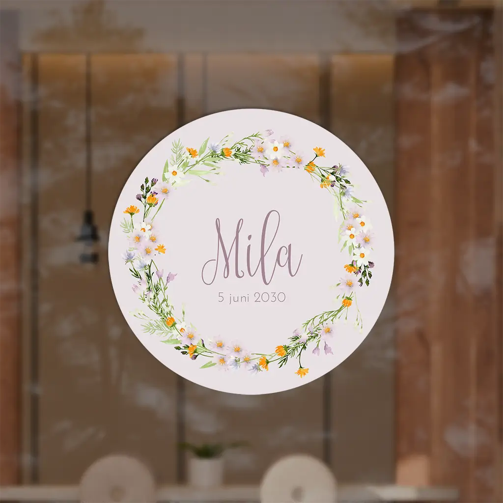Raamsticker rond lila met bloemenkrans