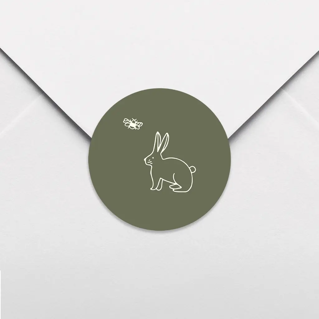 Donkergroene sluitsticker met lijntekening konijntje - per 25 stuks