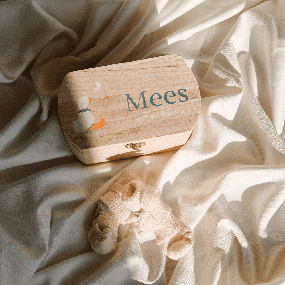 Houten kistje met naam, sokjes en gansje