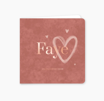 Rode velvet-look geboortekaartje met roségoudfolie en hartjes