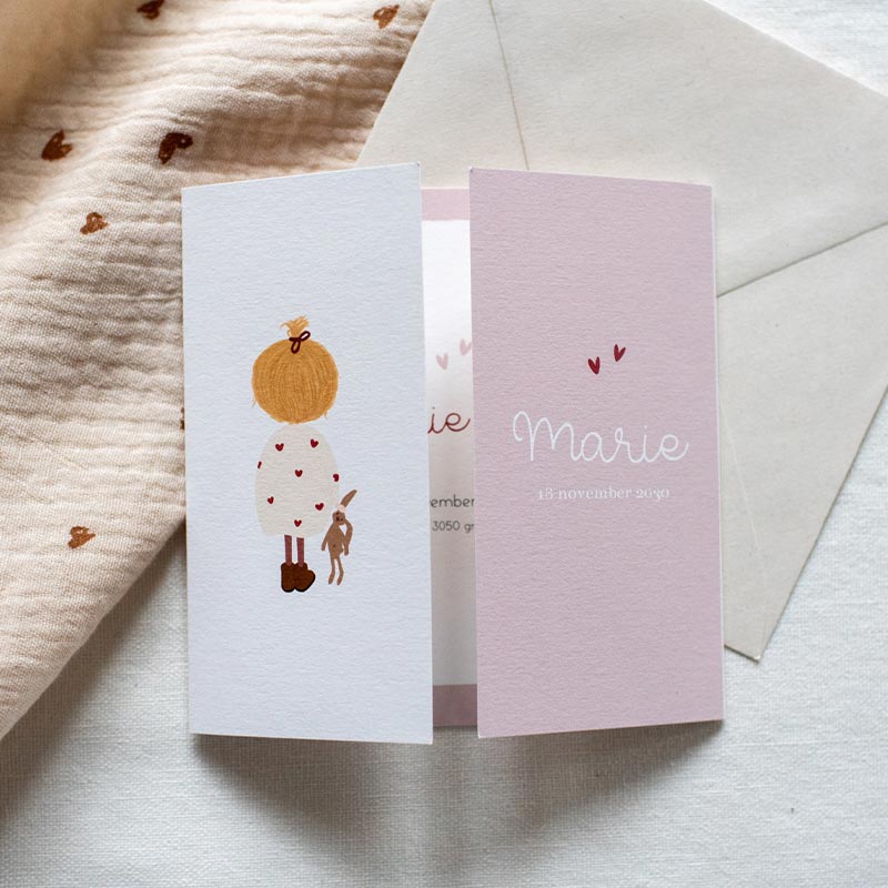 Roze geboortekaartje meisje luikvouw knuffel konijn