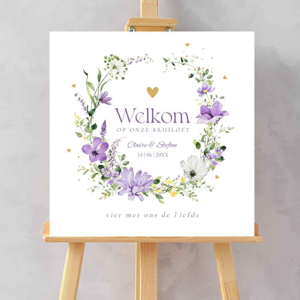 Welkomstbord wit bruiloft paars bloemenkrans Twiggy