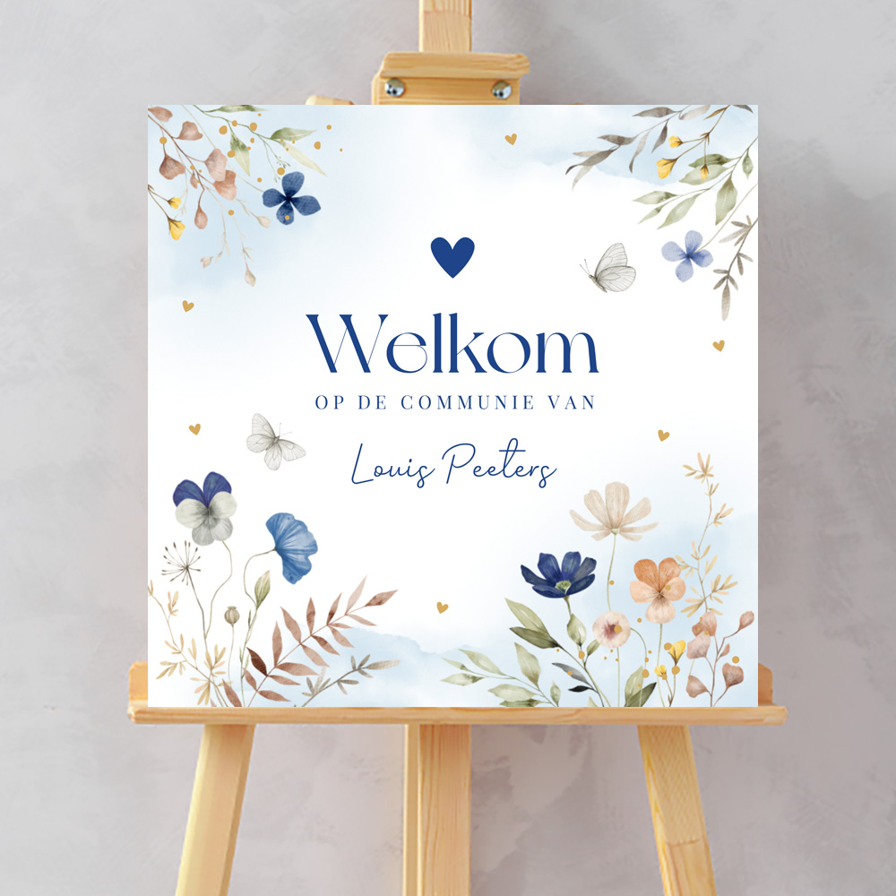 Welkomstbord communie jongen bloemen blauw