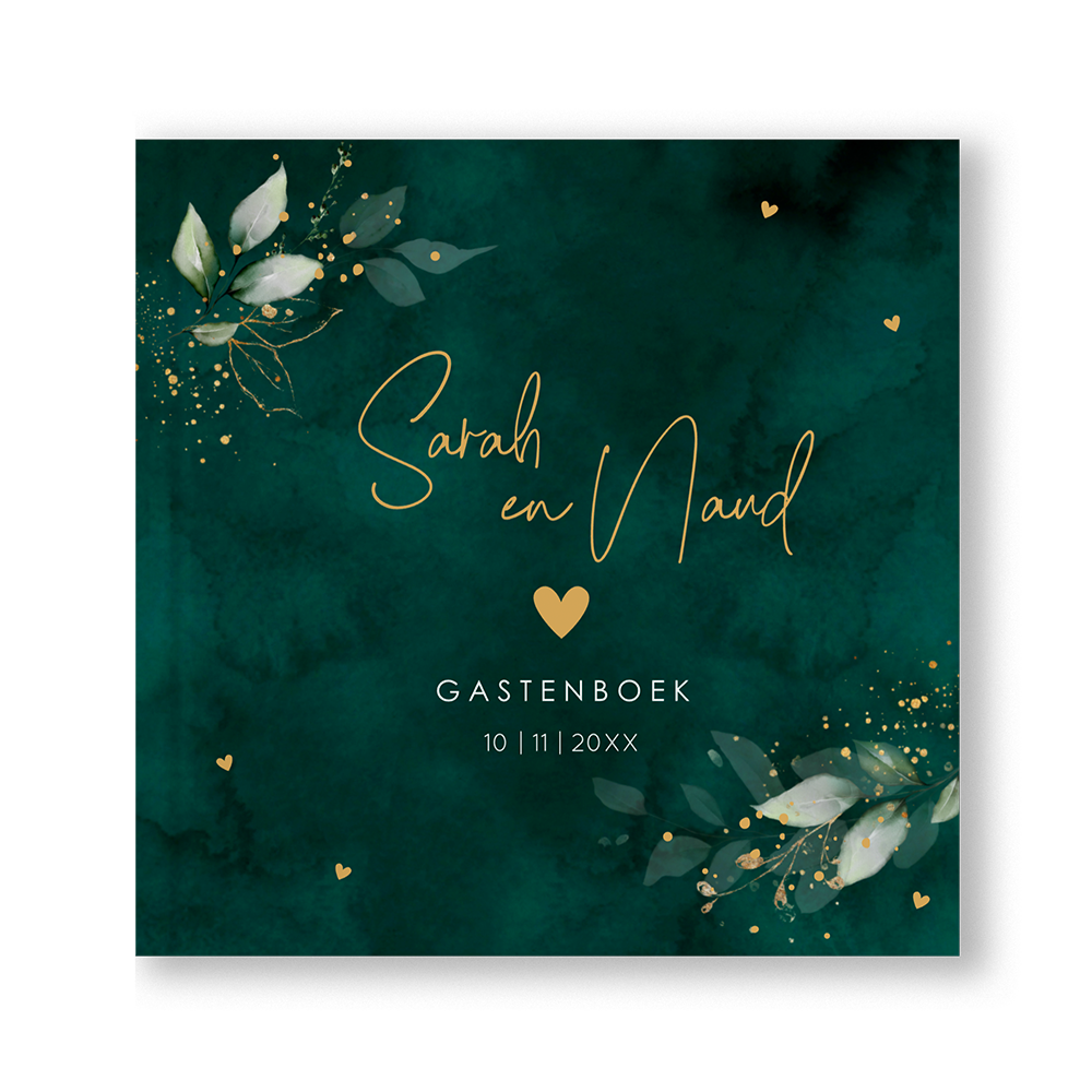Gastenboek bruiloft donkergroen watercolor bladeren spetters