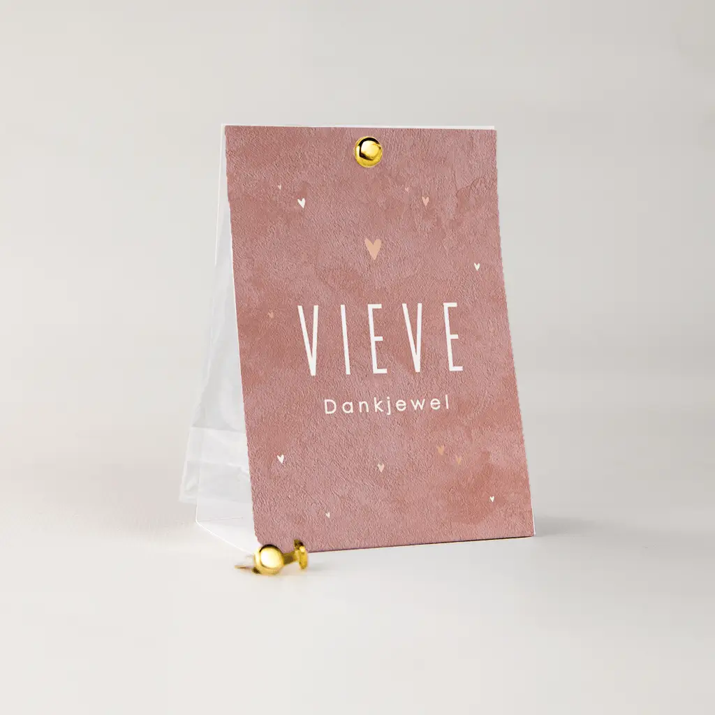 Tentkaartje recht oudroze velvet-look met roségoudfolie hartjes