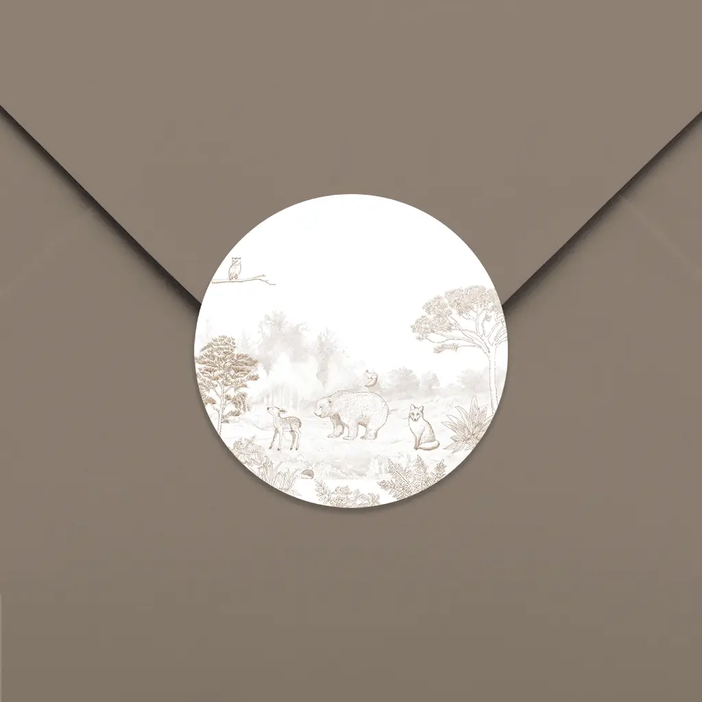 Sluitsticker bruin met getekende bosdieren - per 25 stuks