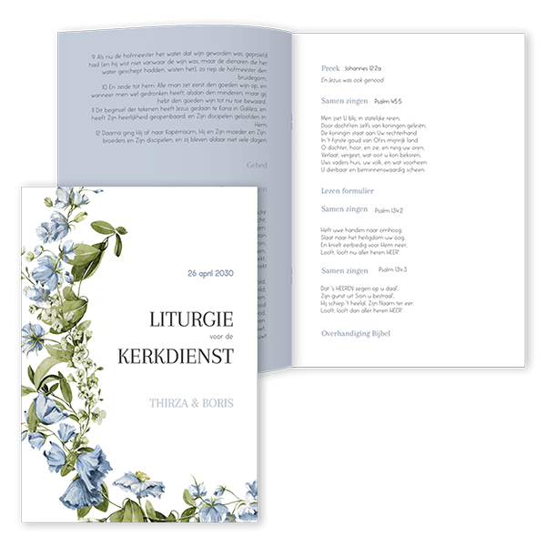 Liturgie voor kerkdienst bruiloft met blauwe bloemen