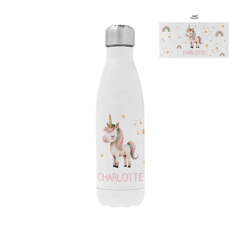 Trinkflasche aus Edelstahl mit Namen und Einhorn