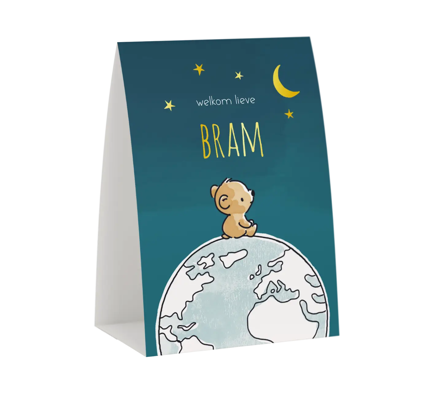 Uniek geboortekaartje in tentvorm met beer op wereldbol en goudfolie