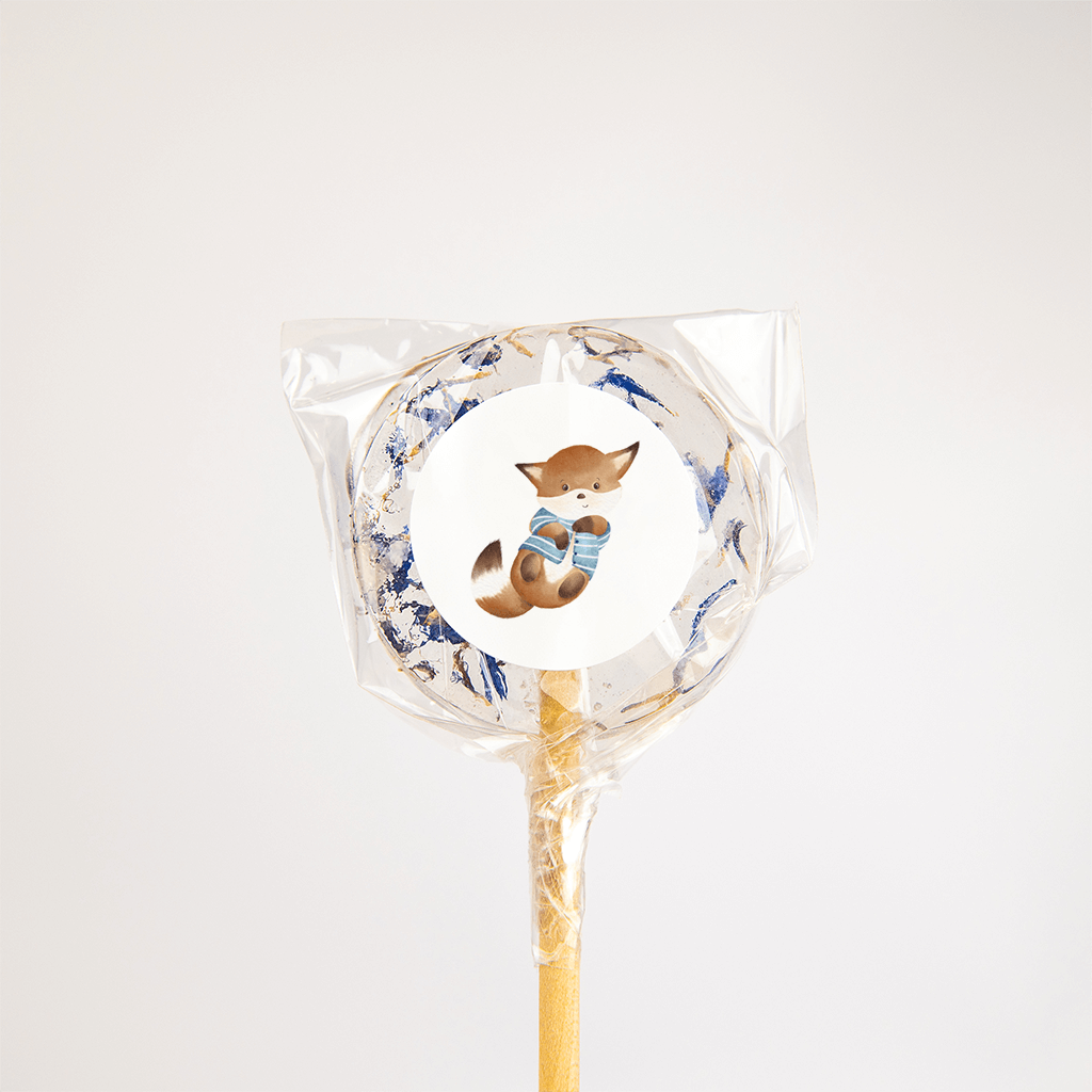 Sticker met liggend vosje met blauw vestje - vel van 25 stickers