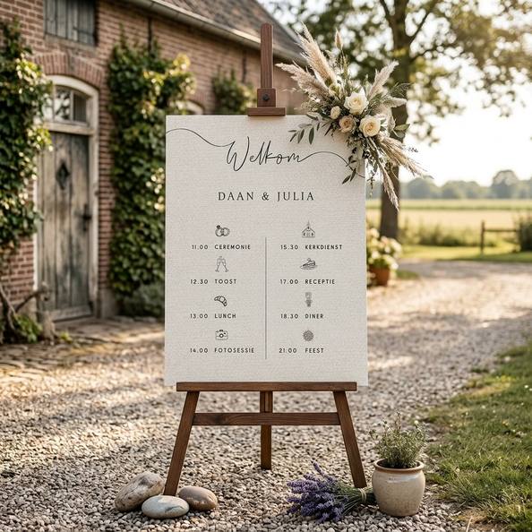 Bord dagplanning bruiloft neutrale tinten linnen look