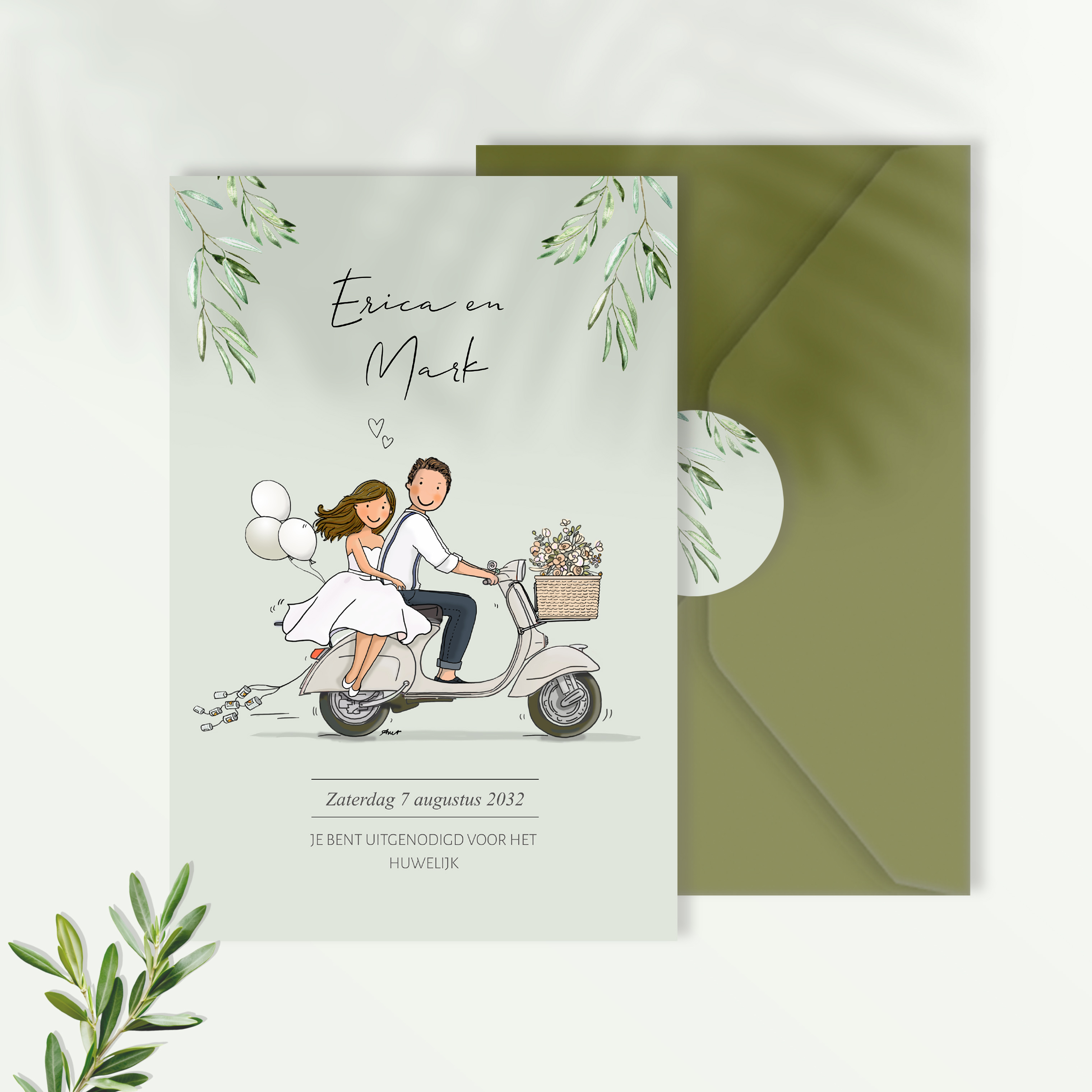 Trouwkaart Vespa scooter wit met bruidspaar