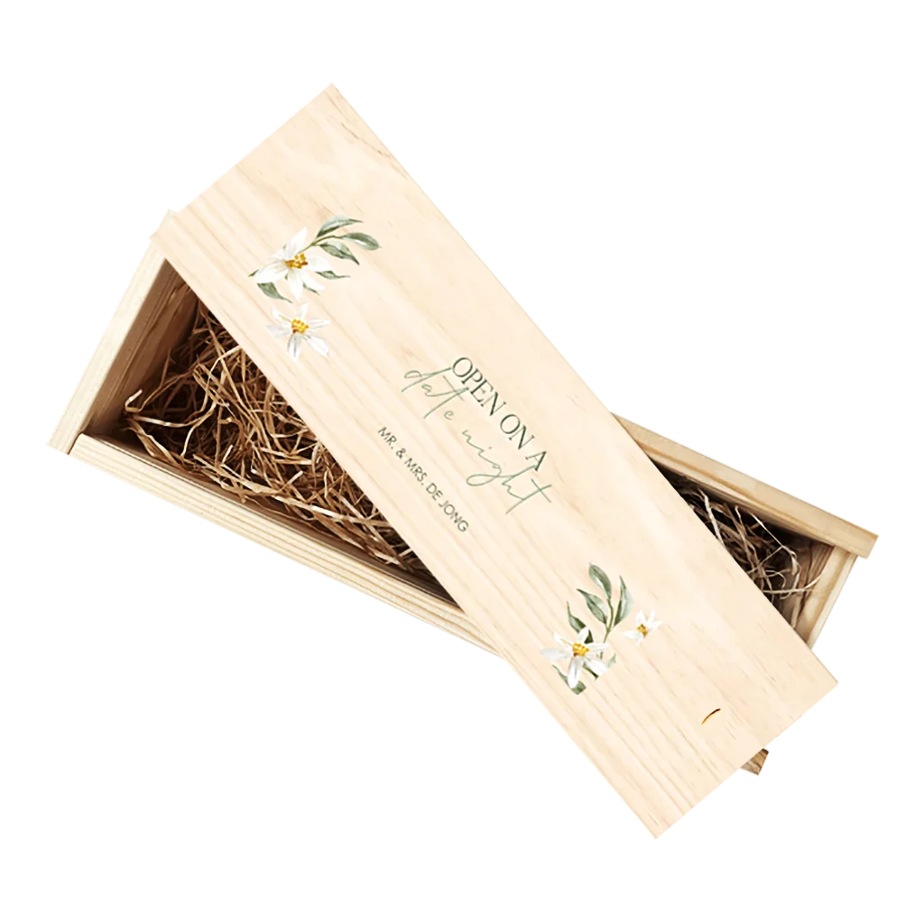 Wijnkist bedrukken huwelijkscadeau met bloemen