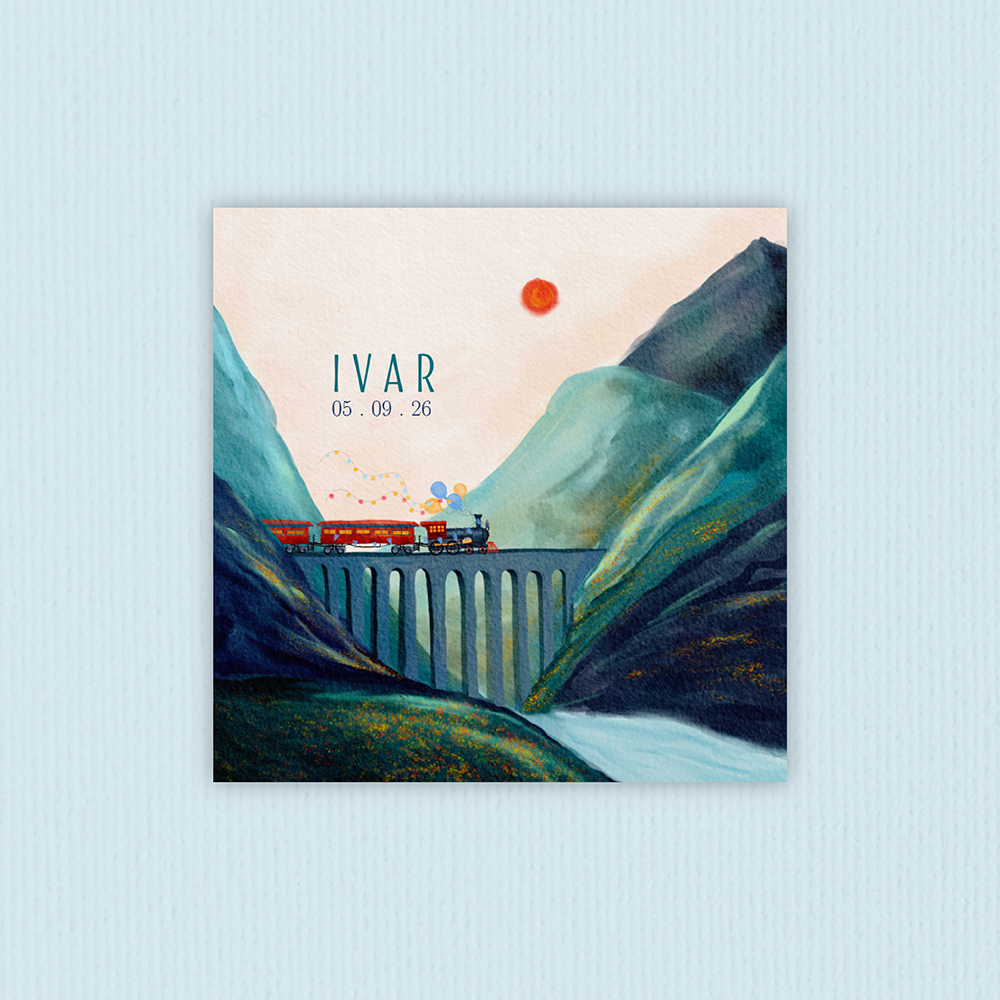 Geboortekaartje voor een jongen met een trein in berglandschap