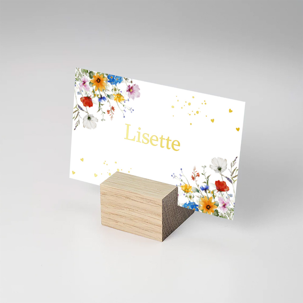 Naamkaartjes gekleurde veldbloemen rood blauw goudfolie