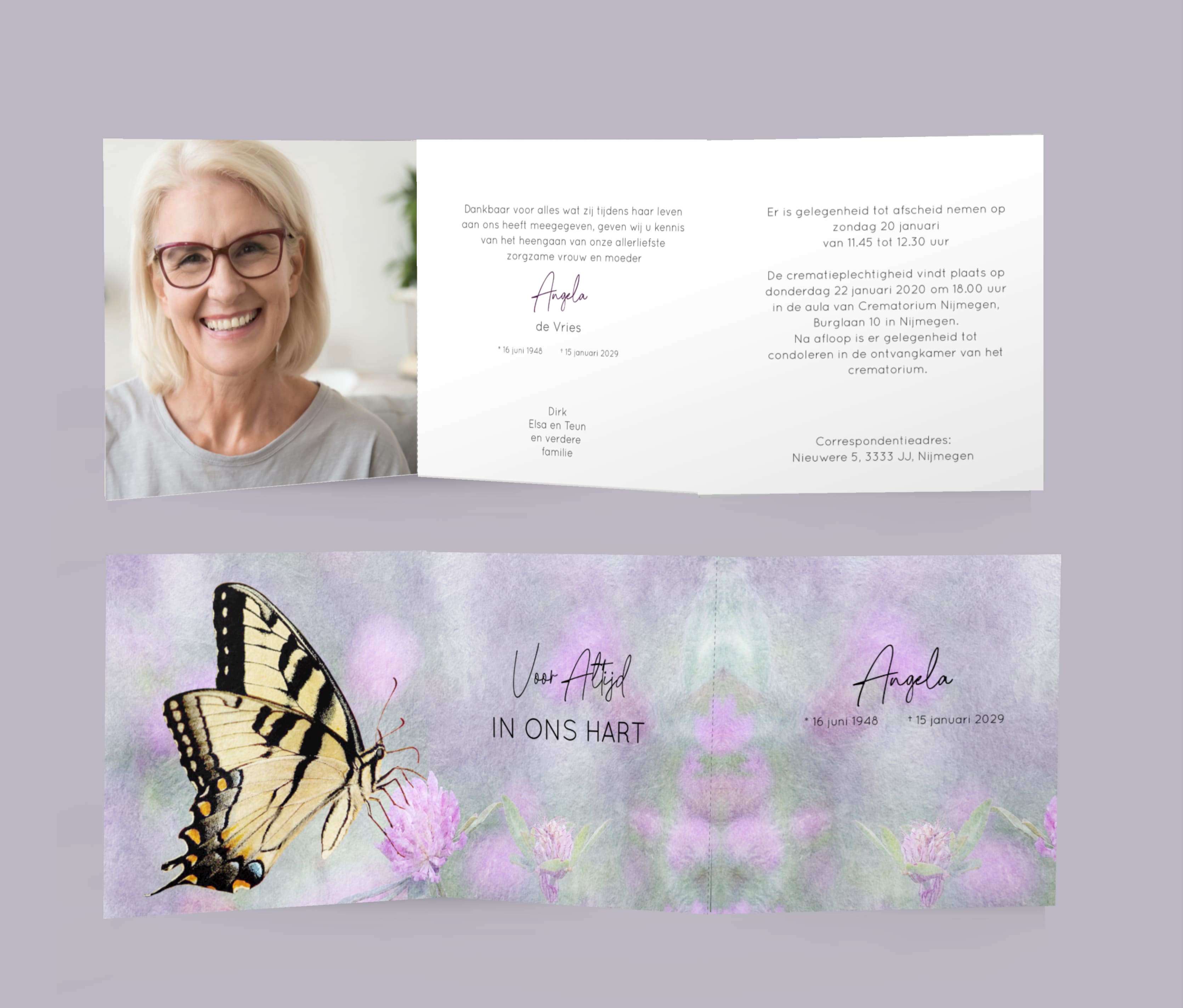 Drieluik rouwkaart met vlinder paarse bloem en foto