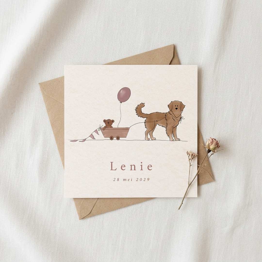 Geboortekaartje meisje hond golden retriever bolderkar