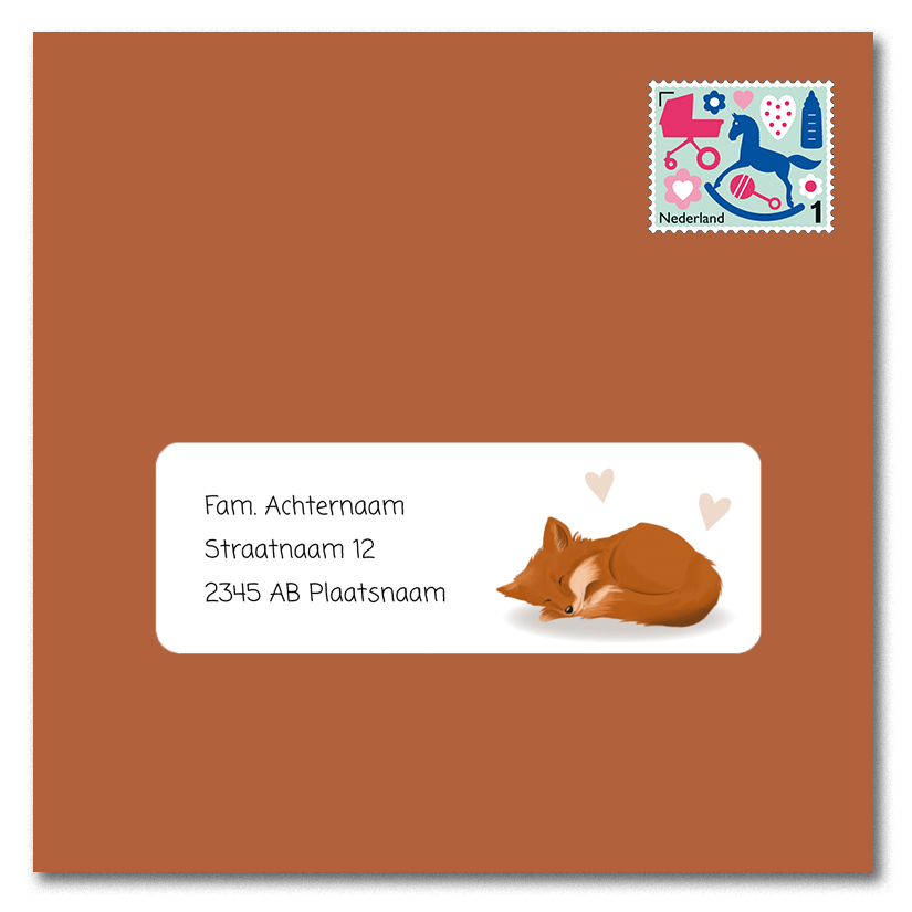 Adresstickers met slapend vosje en roze hartjes
