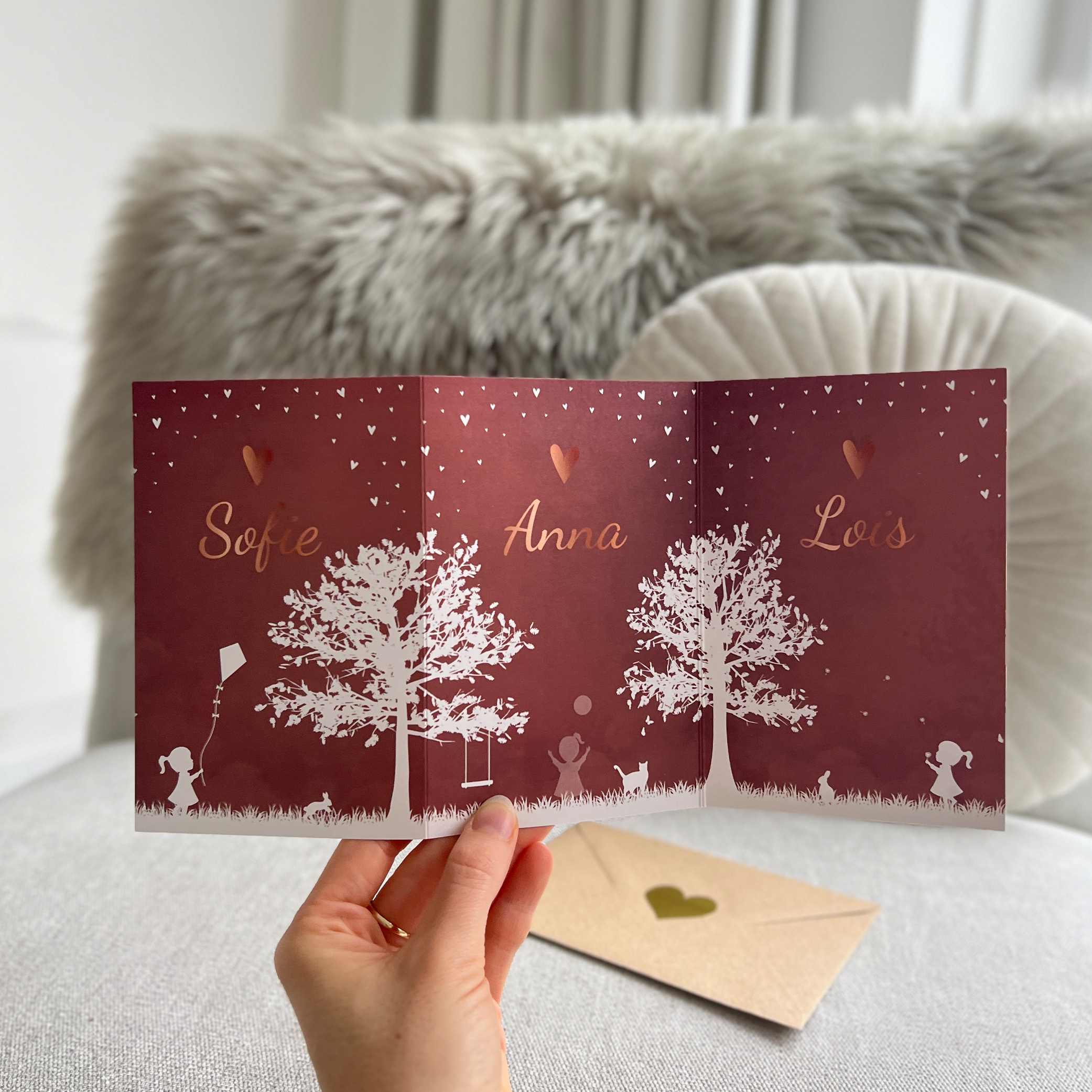 Geboortekaartje Drieling Luikkaartje Roest Koperfolie