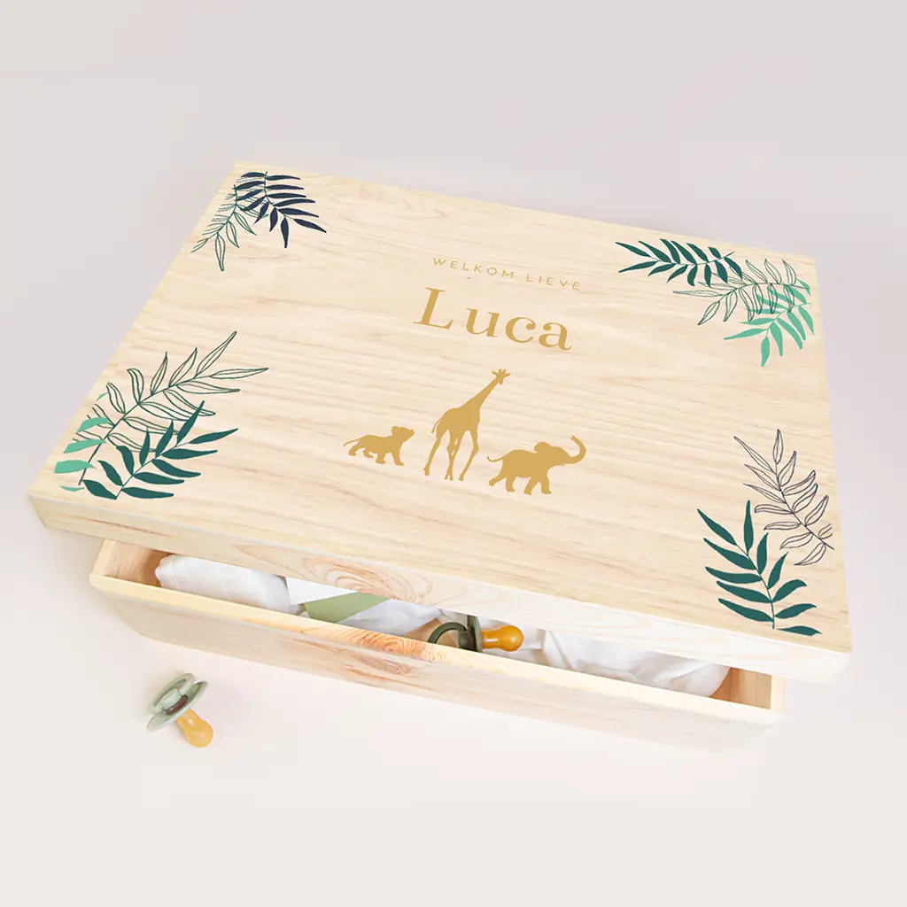 Memorybox met jungle bladeren en dieren