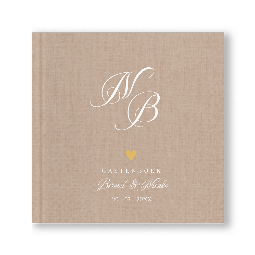 Gastenboek bruiloft beige linnenlook sierlijke letters initialen naam