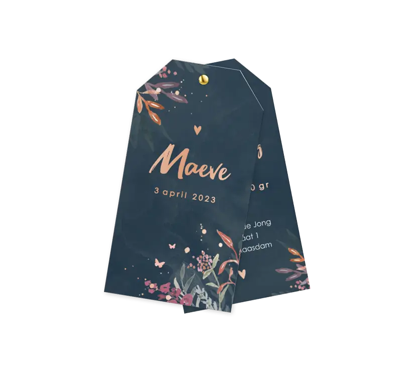 Label geboortekaartje voor dochter met bloemen en roségoudfolie
