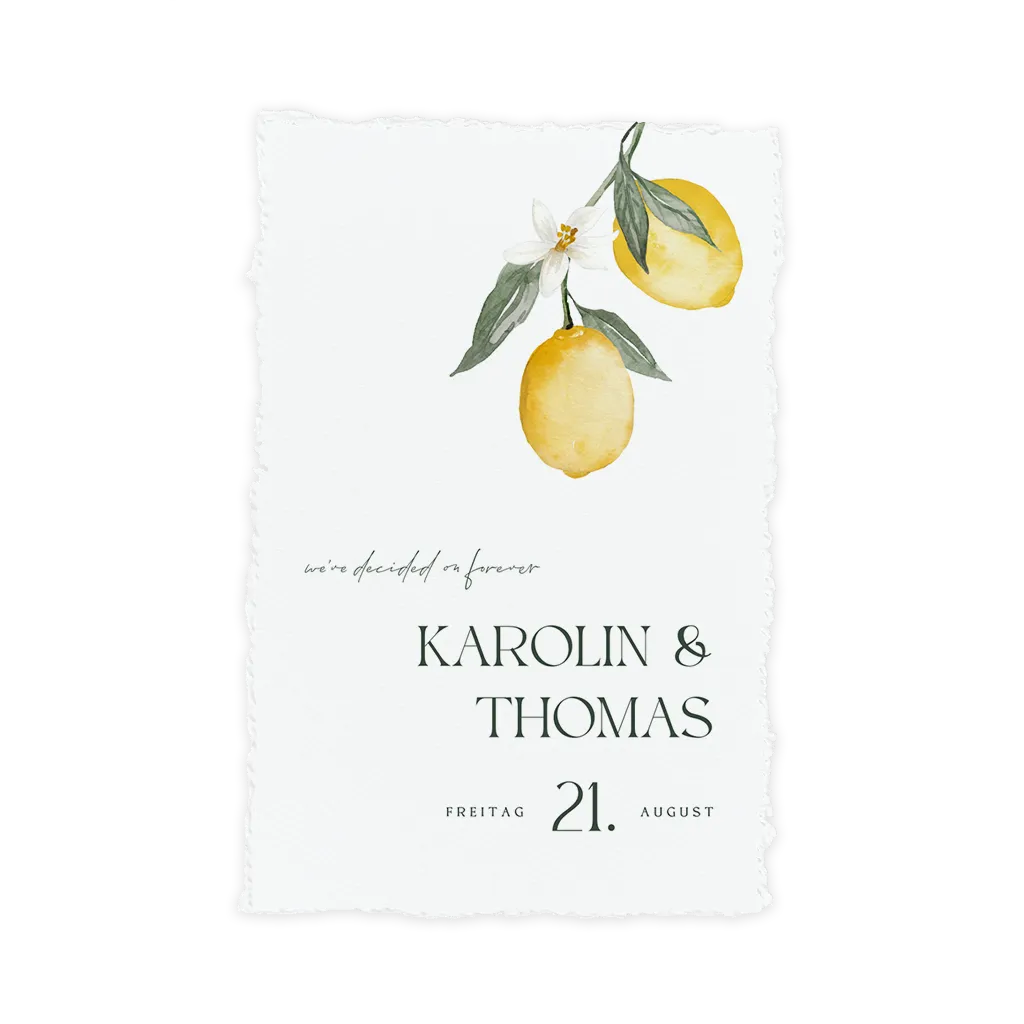 Hochzeitseinladung im Büttenpapier-Stil (DIY*) mit Zitronenmotiv