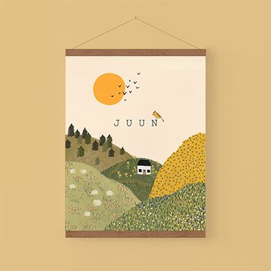 Canvasposter van heuvels, een huisje, de zon en vogels