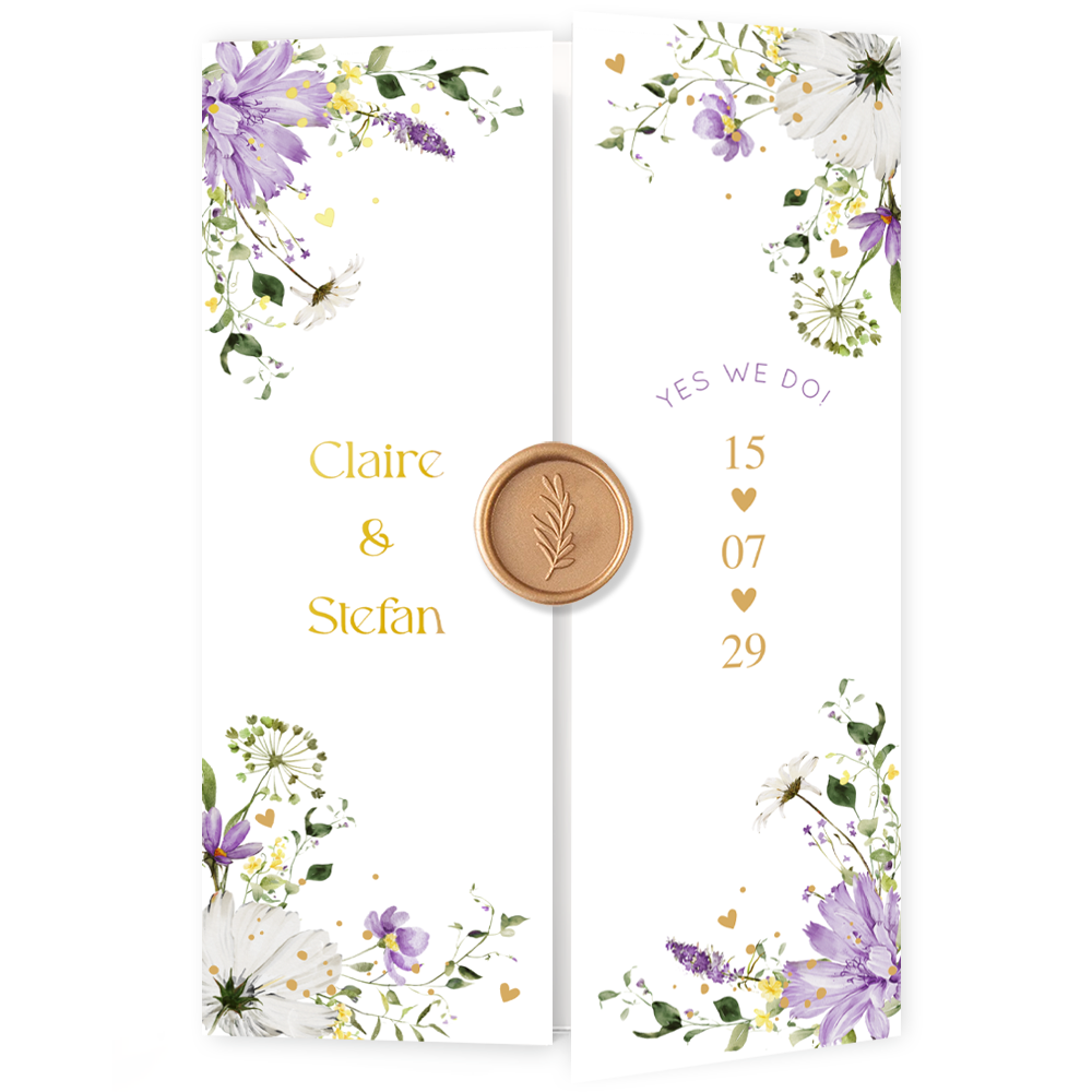 Drieluik trouwkaart bloemen paars Twiggy goudfolie