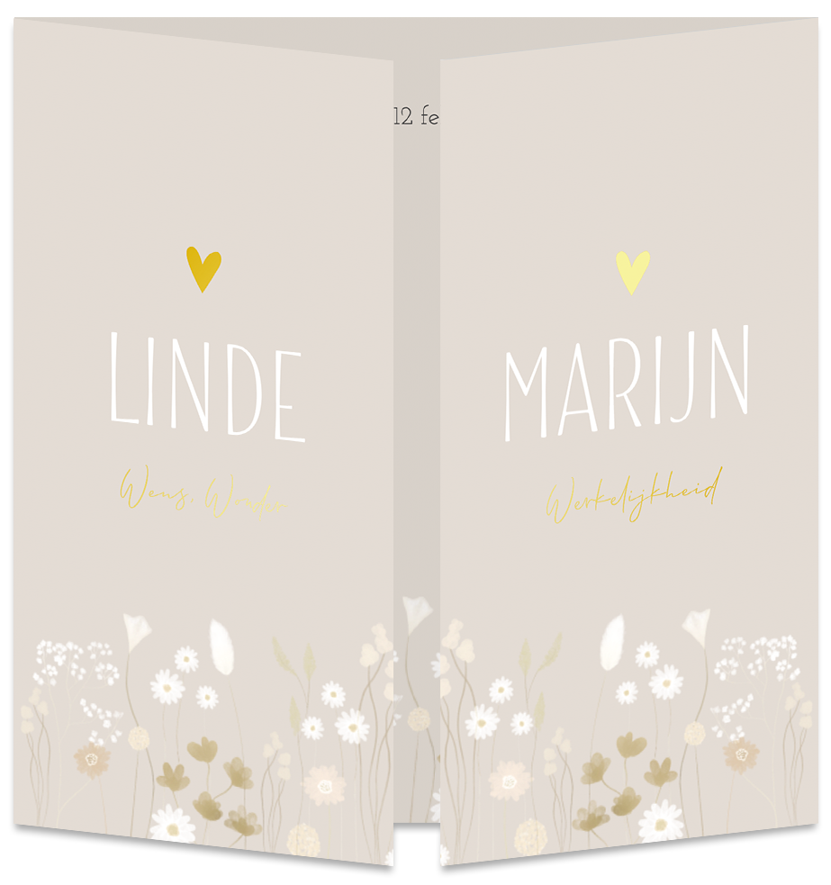 Geboortekaartje Tweeling Droogbloemen Beige Goudfolie